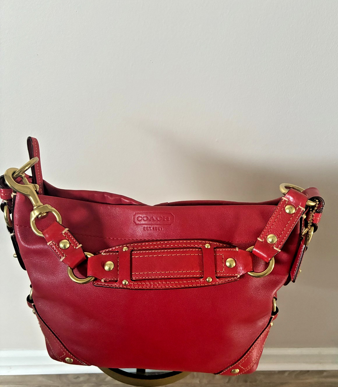 Coach Carly Satchel Purse Y2K Era Cherry Red Medium Size Bag with Stud Accents