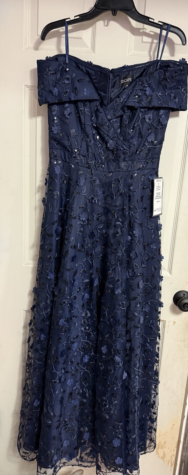 Xscape Navy Off Shoulder Lace Sequin Floral Long Gown Dress 8 6658X