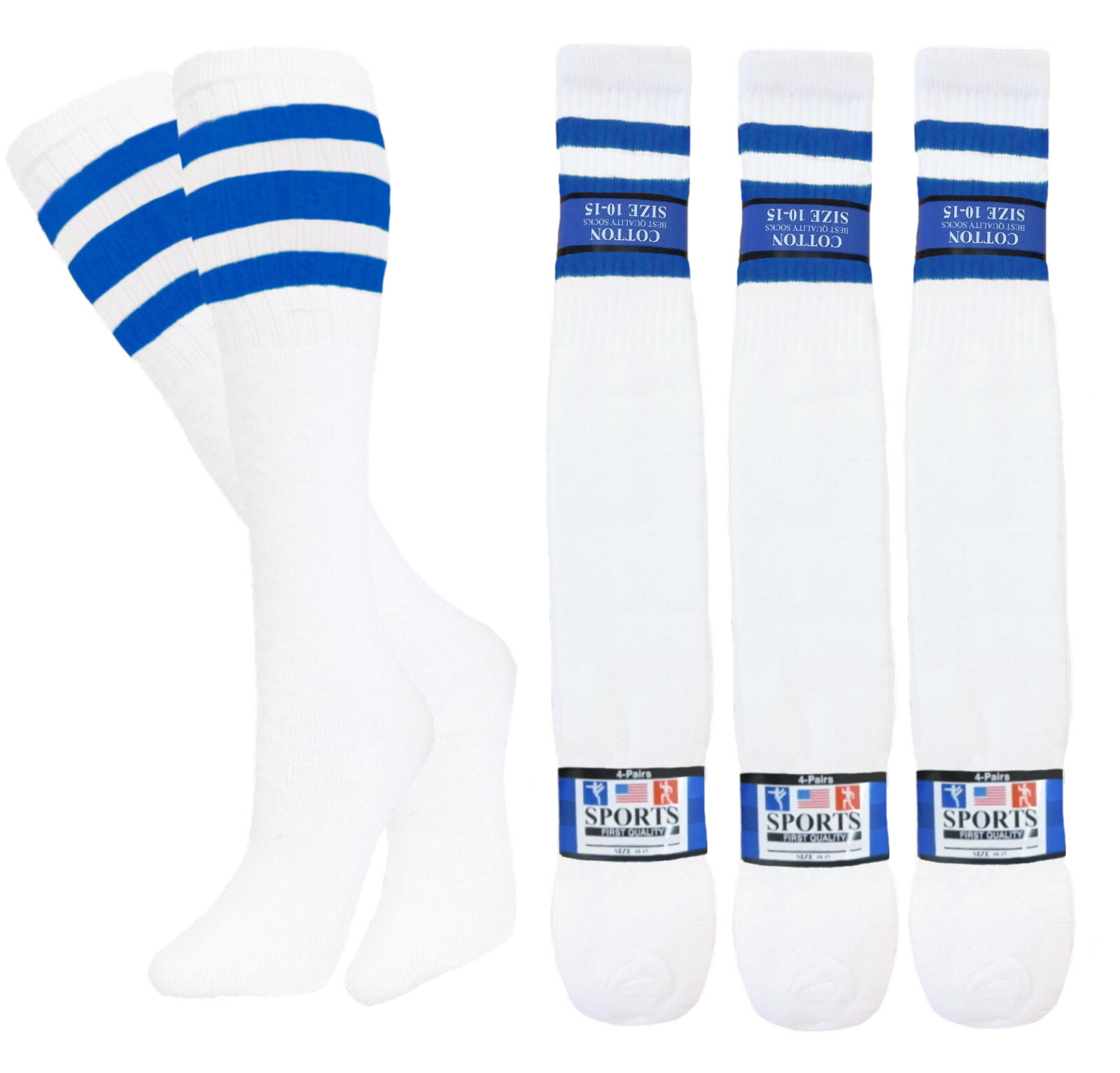 12 PAIRS TUBE SOCKS OLD SCHOOL COTTON ROYAL BLUE STRIPE 22 INCHES SOCKS HI CALF