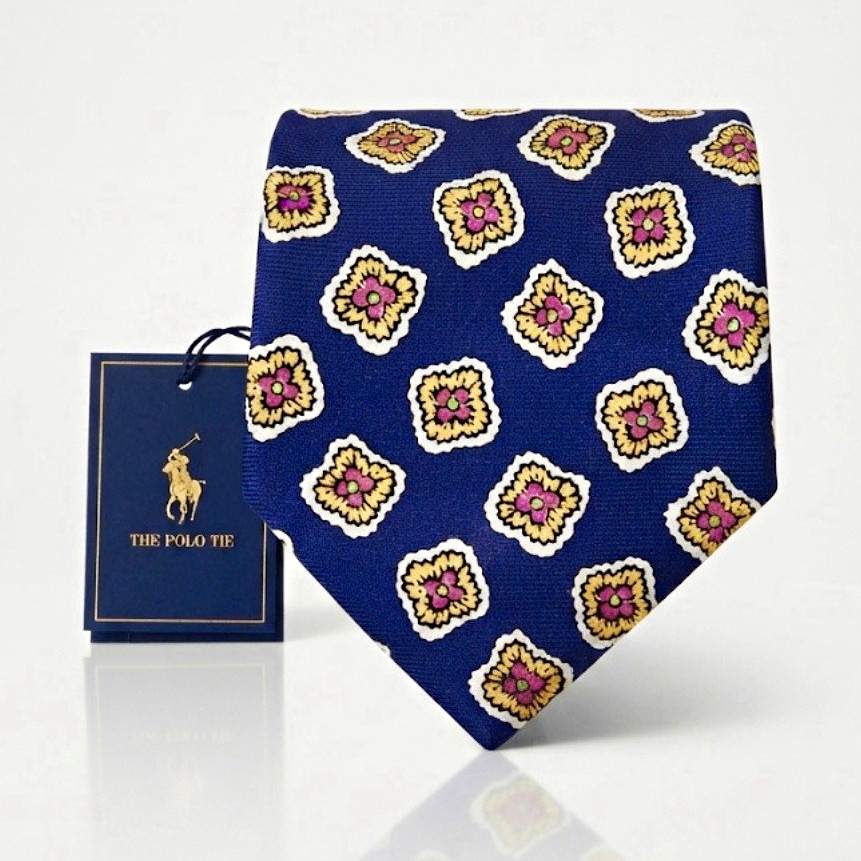 Polo Ralph Lauren Blue/Pink Geometric Woven Silk Tie Logo Classic One Size