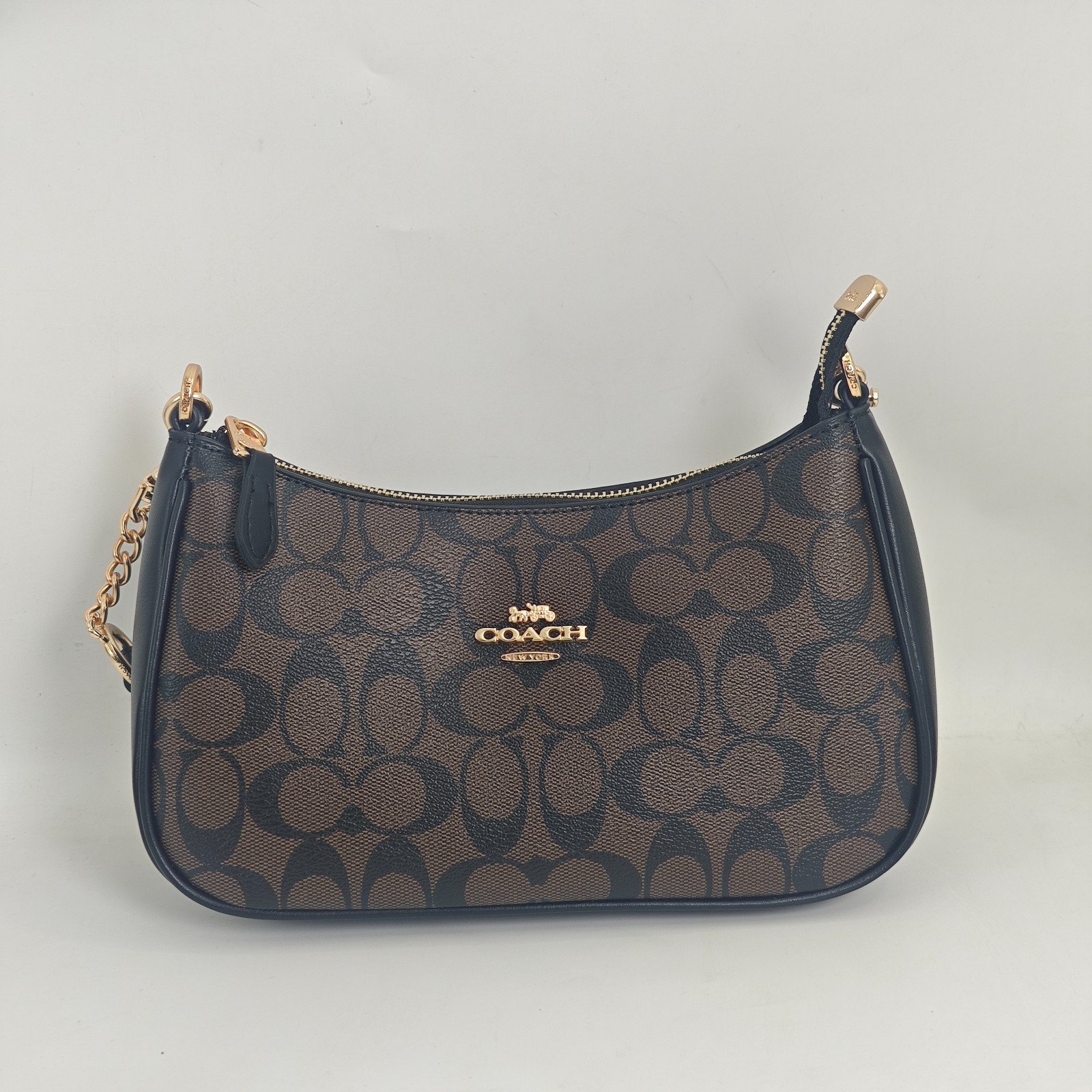 Coach Teri Signature Shoulder Bag Brown Black Chain Strap Crossbody Purse Women