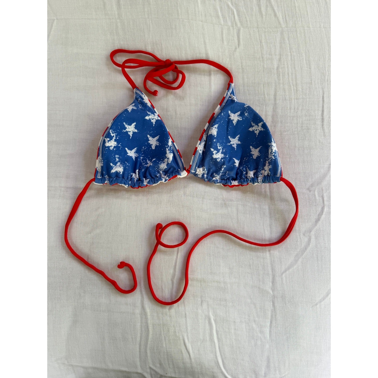 Reversible Patriotic Red White Blue Triangle String Bikini Top USA Flag
