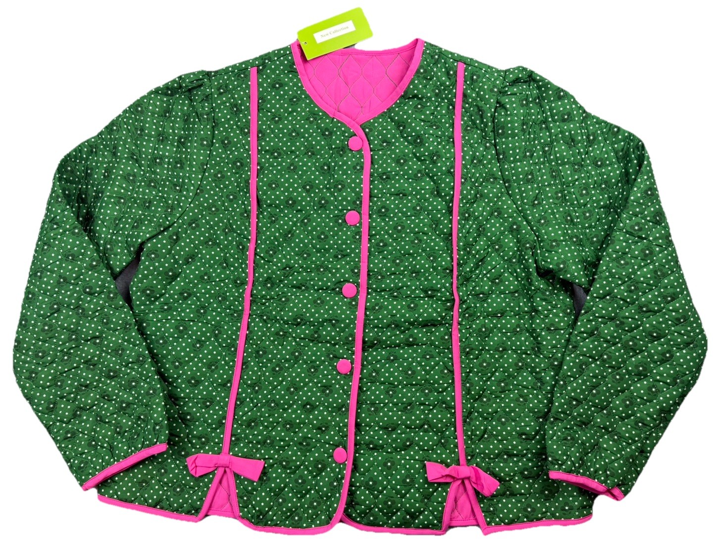 FLORAL PRINT BUTTON DOWN QUILTED Green Pink JACKET Women’s Sz XL