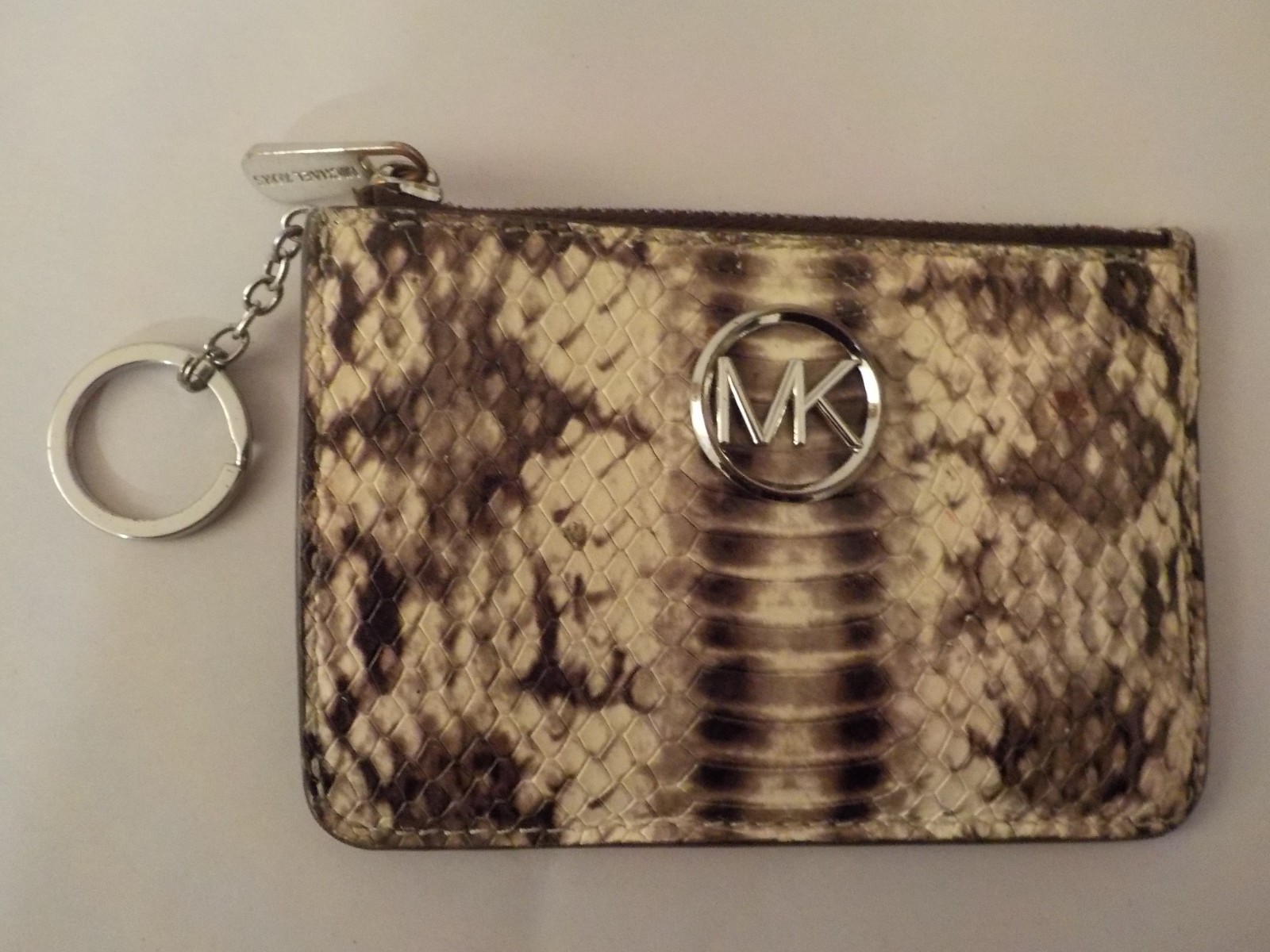 MICHAEL KORS Snakeskin Coin Purse Keychain, Silver Hardware MK Logo, 5 X 3.5 in