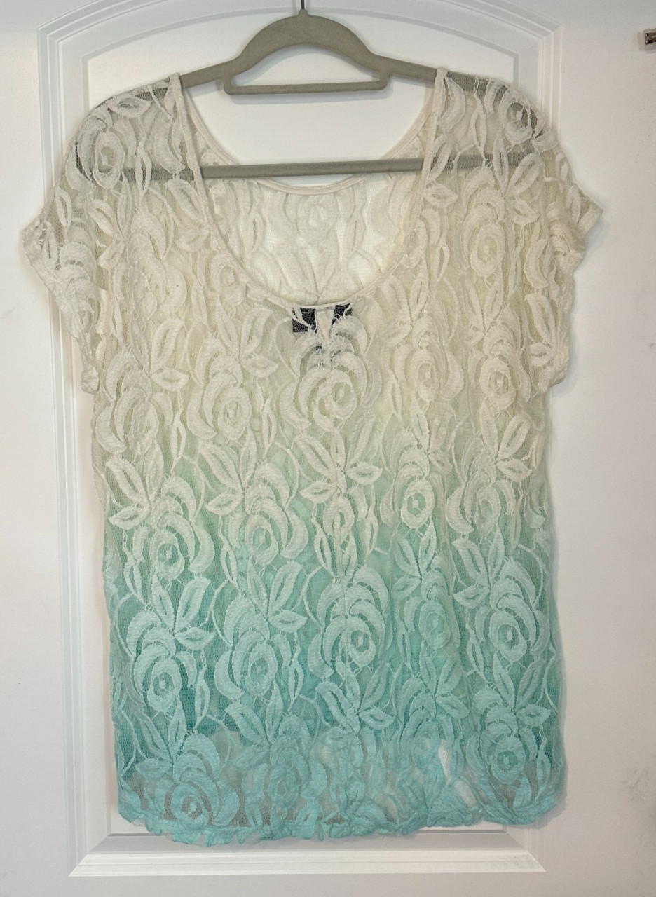 Lane Bryant Lace Ombre Top Womens 14/16 Ivory Mint Floral Short Sleeve Blouse