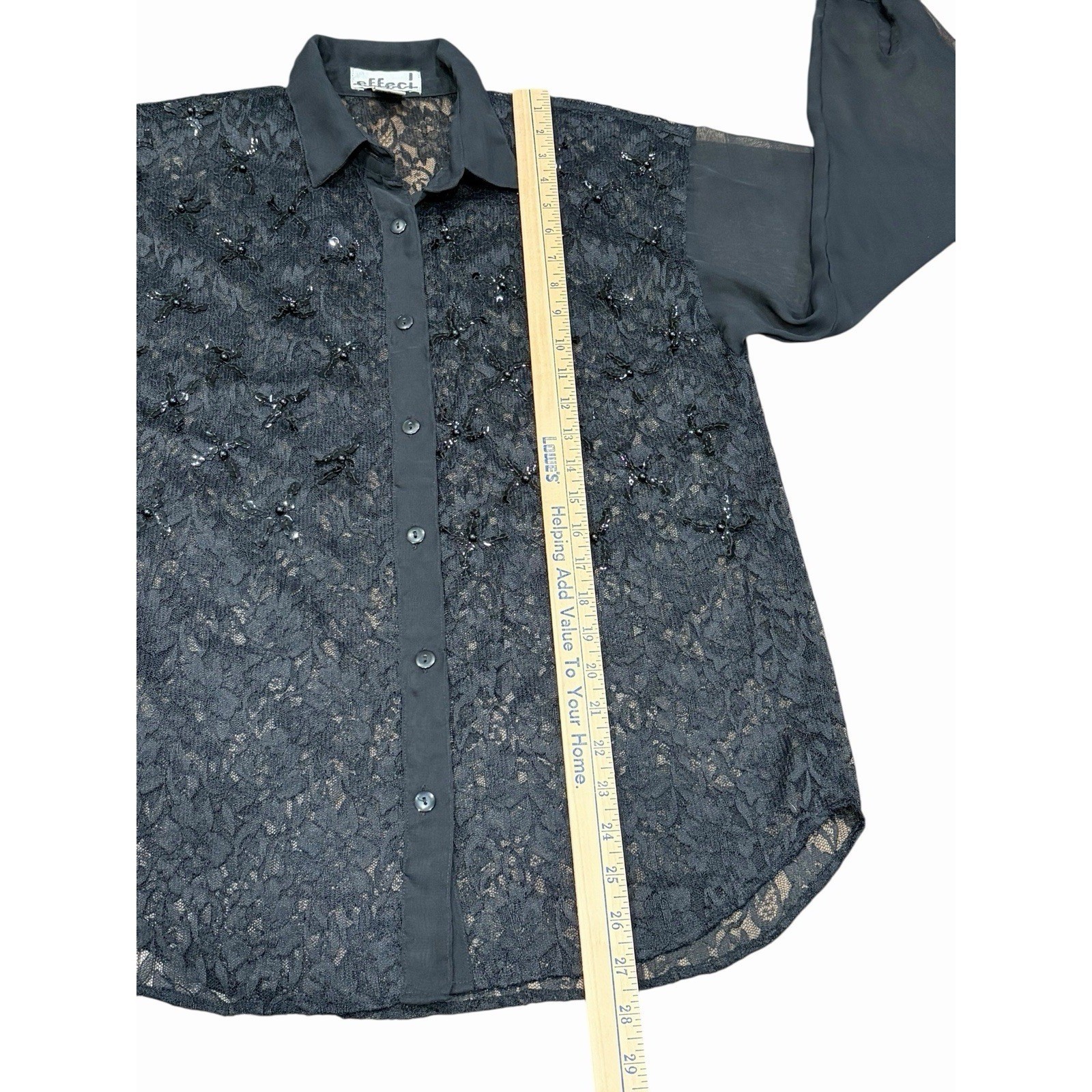 Effeci Womens Lace Sheer Button Up Top Sequins Gothic Dark Romantic Black Small