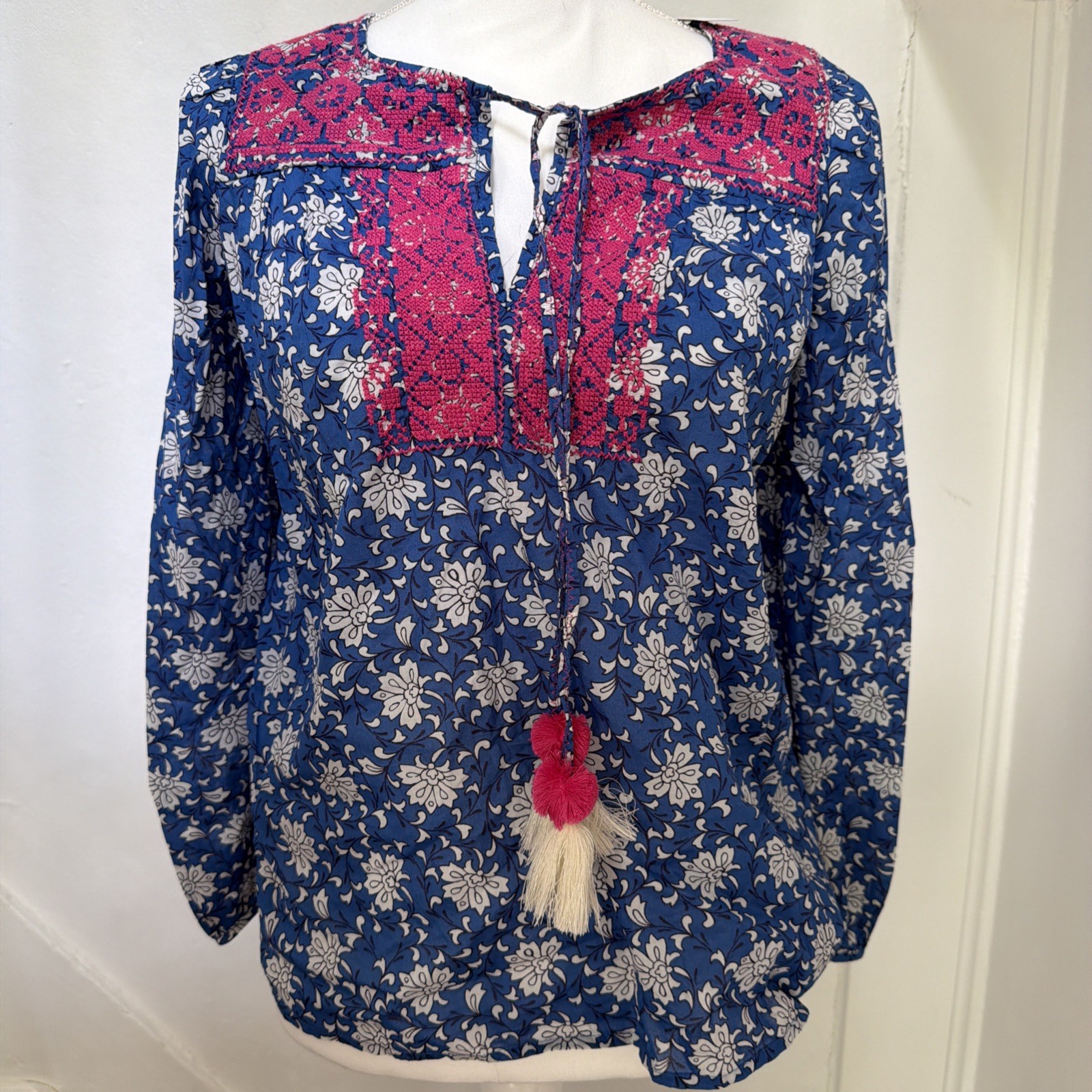 J Crew AM848 NWT Size XXS Embroidered Cotton Voile Top in Blue Block Print NEW