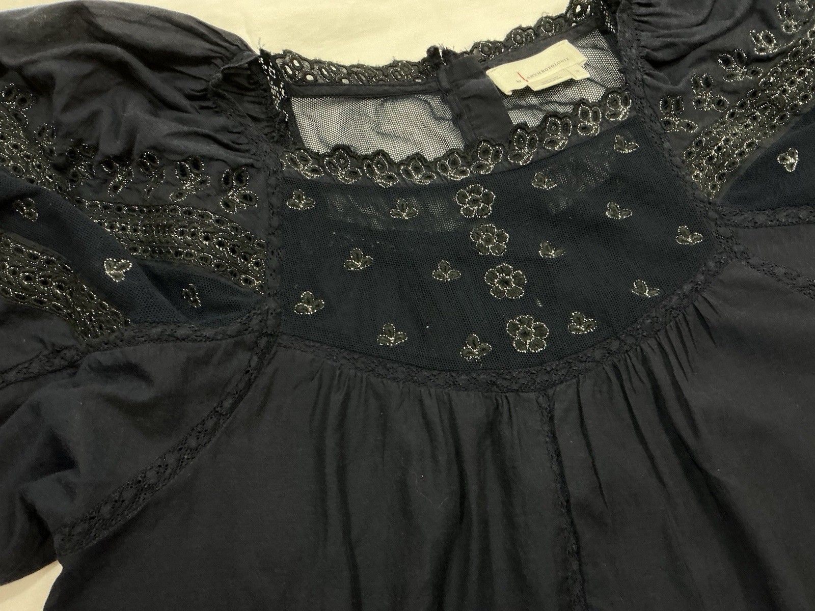 Anthropologie Navy Blue Lace Balloon Puff Sleeve Blouse Top Shirt Size M