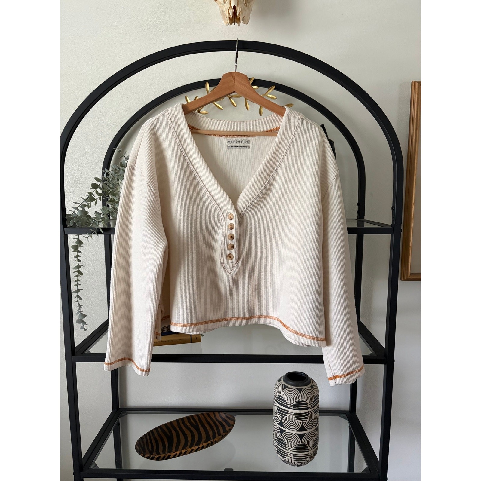 Urban Outfitters Ribbed Thermal Henley Top Womens Small Ivory Long Sleeve Crop
