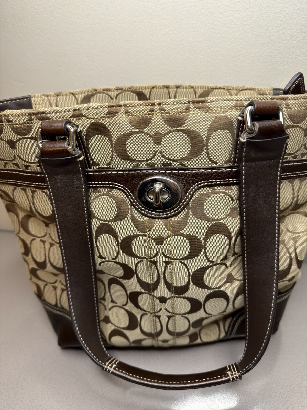 Coach Signature Monogram Brown/Beige Medium Tote Zip Top, Inner Pockets