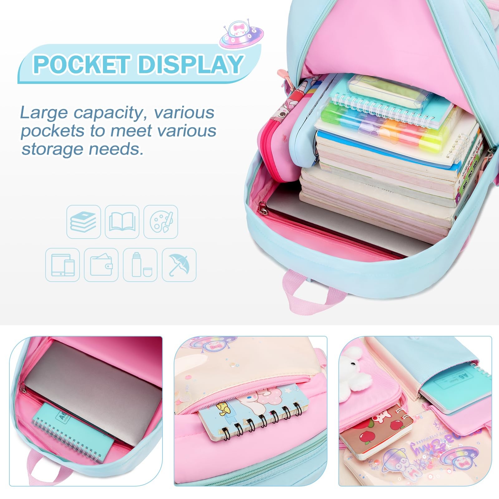 Girls Backpack Set 12.6×6.7×17.3in Kawaii Bunny School Bags – Ideal