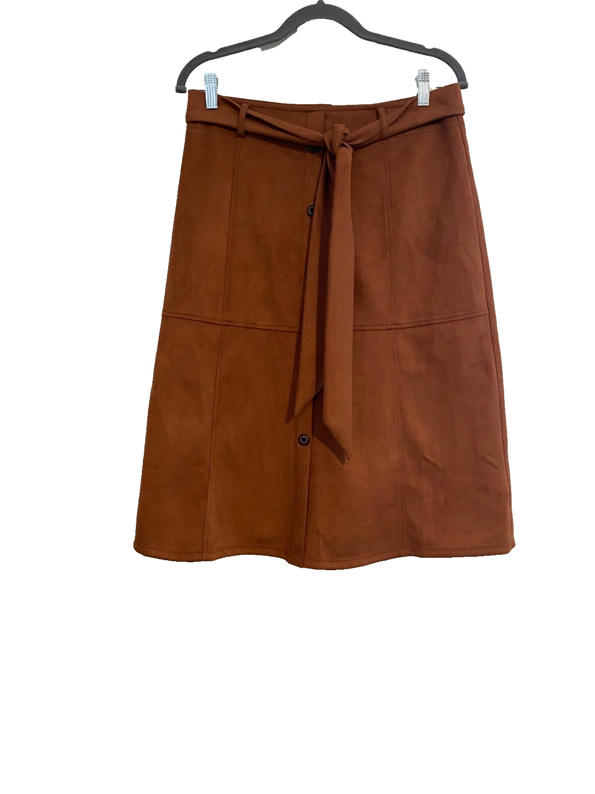 Shinestar Womens L Brown Faux Suede A-Line Skirt Tie Waist Office