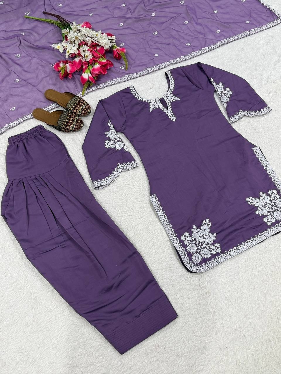 Latest Heavy Roman Cotton Purple Top Bottom With Dupatta For Function Wear