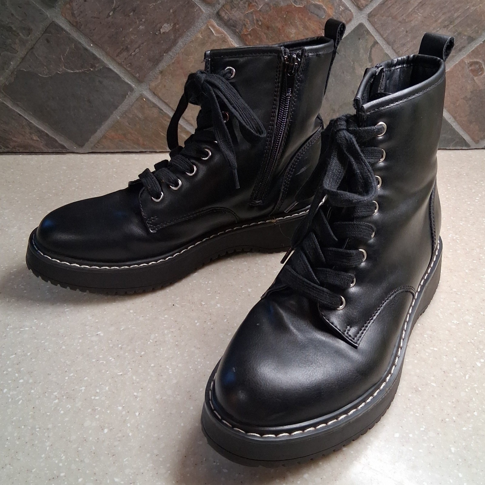 Madden Girl Women’s 6M Black Ankle Combat Boots with Side Zipper, and Lace Up
