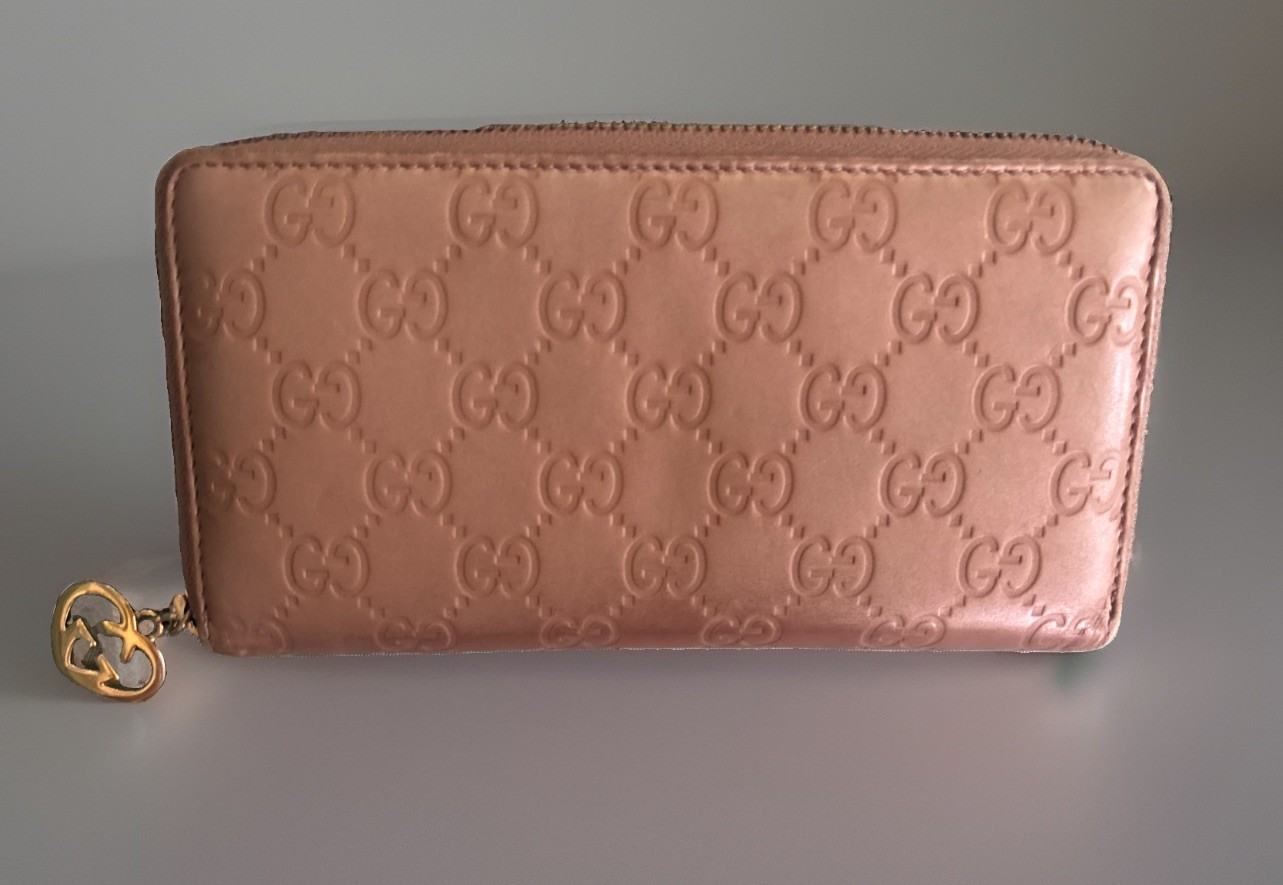 Gucci Bronze Guccissima Leather Zip Around Continental Wallet GG Heart Charm