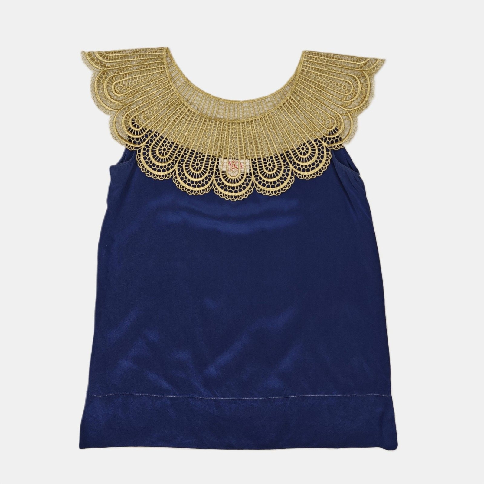 AKA New York Gold Lace Collar Blue Silk Blouse Size S Ornate Statement Regency