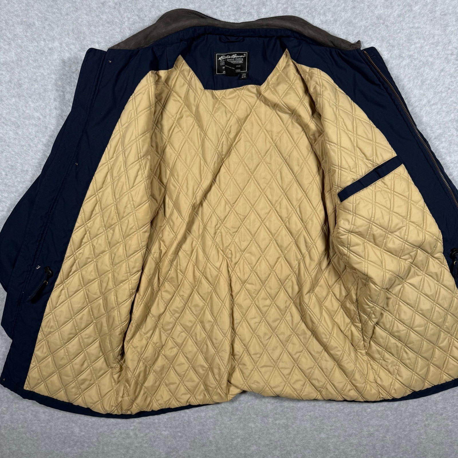 Eddie Bauer Mens Navy Blue Quilted Lined Chore Jacket Leather Collar Medium Y2k