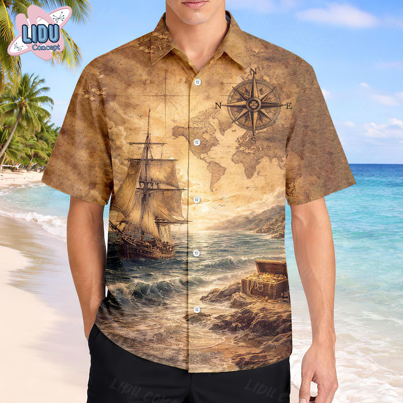 Sea Life Hawaiian Shirt Vintage Nautical Ocean Beach Aloha