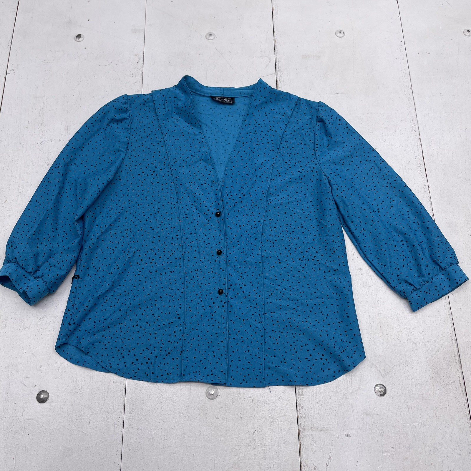 Jen Jen Shirt Blouse Womens Large Blue Black Polka Dot V Neck Button Front
