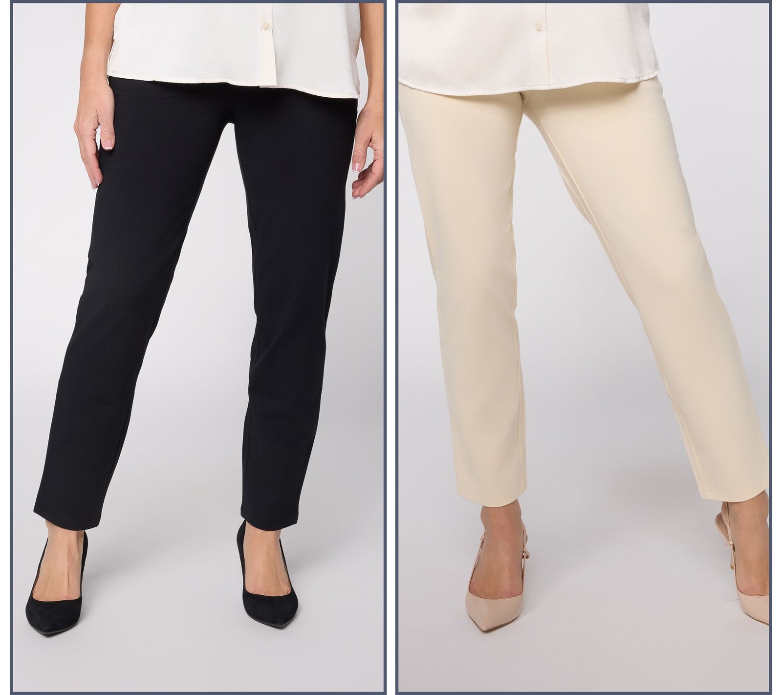 Women with Control Tall Set of 2 86/14 Slim Leg Ankle Icon Pant Black/Ecru L New
