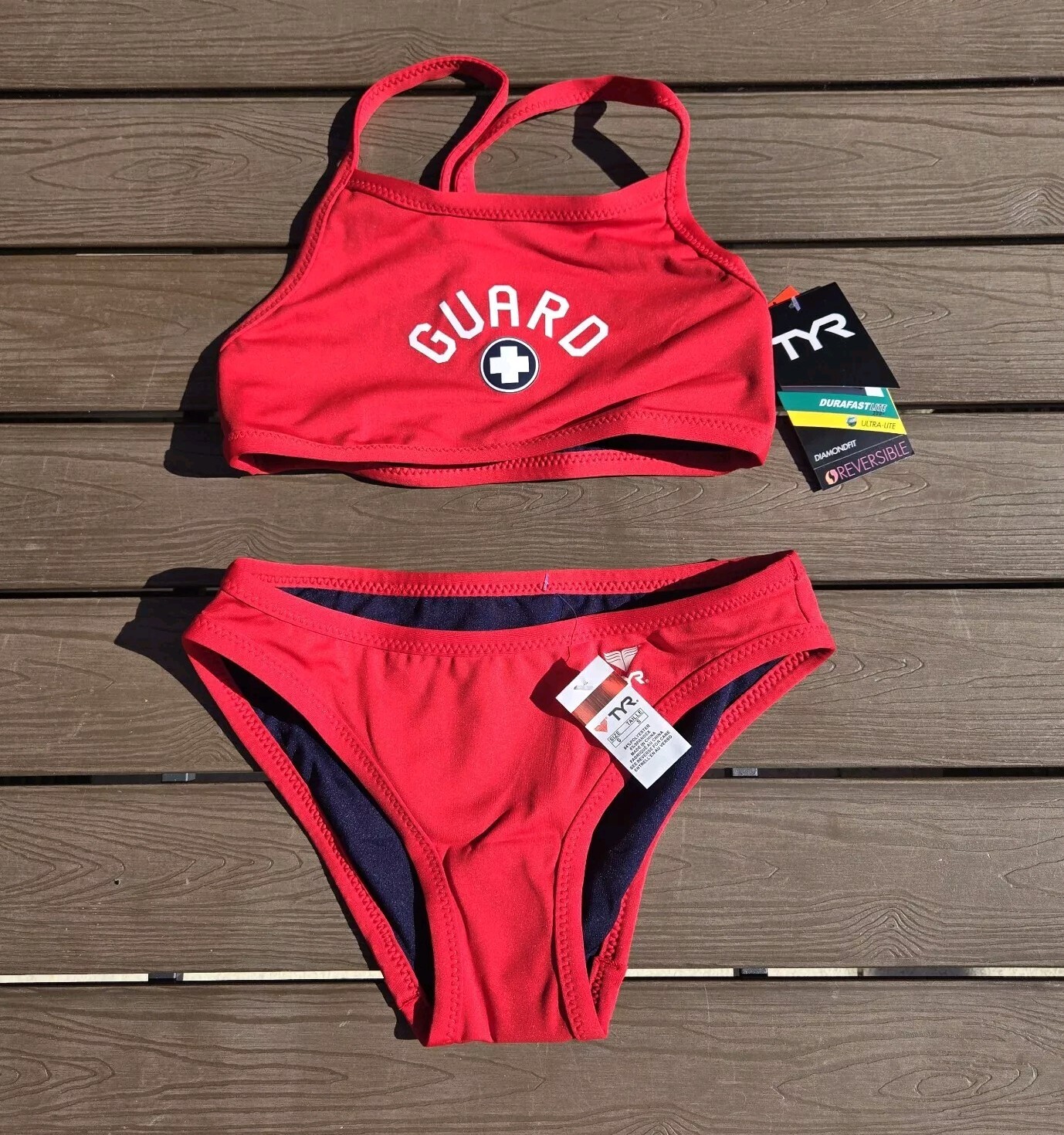 TYR LIFE GUARD Red BLUE +Reversible Workout Bikini Top & Bikini WOMEN L New