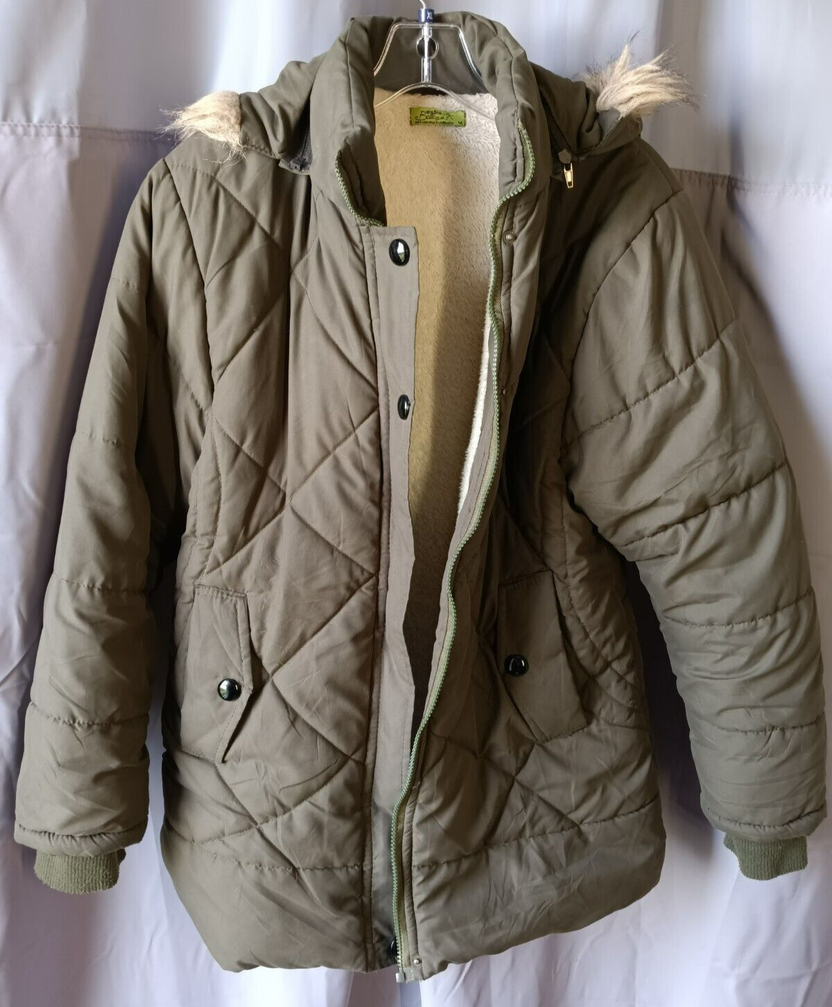 Extra Belleza Puffer Jacket Green Full Zip Sharpa Lined Women’s Med