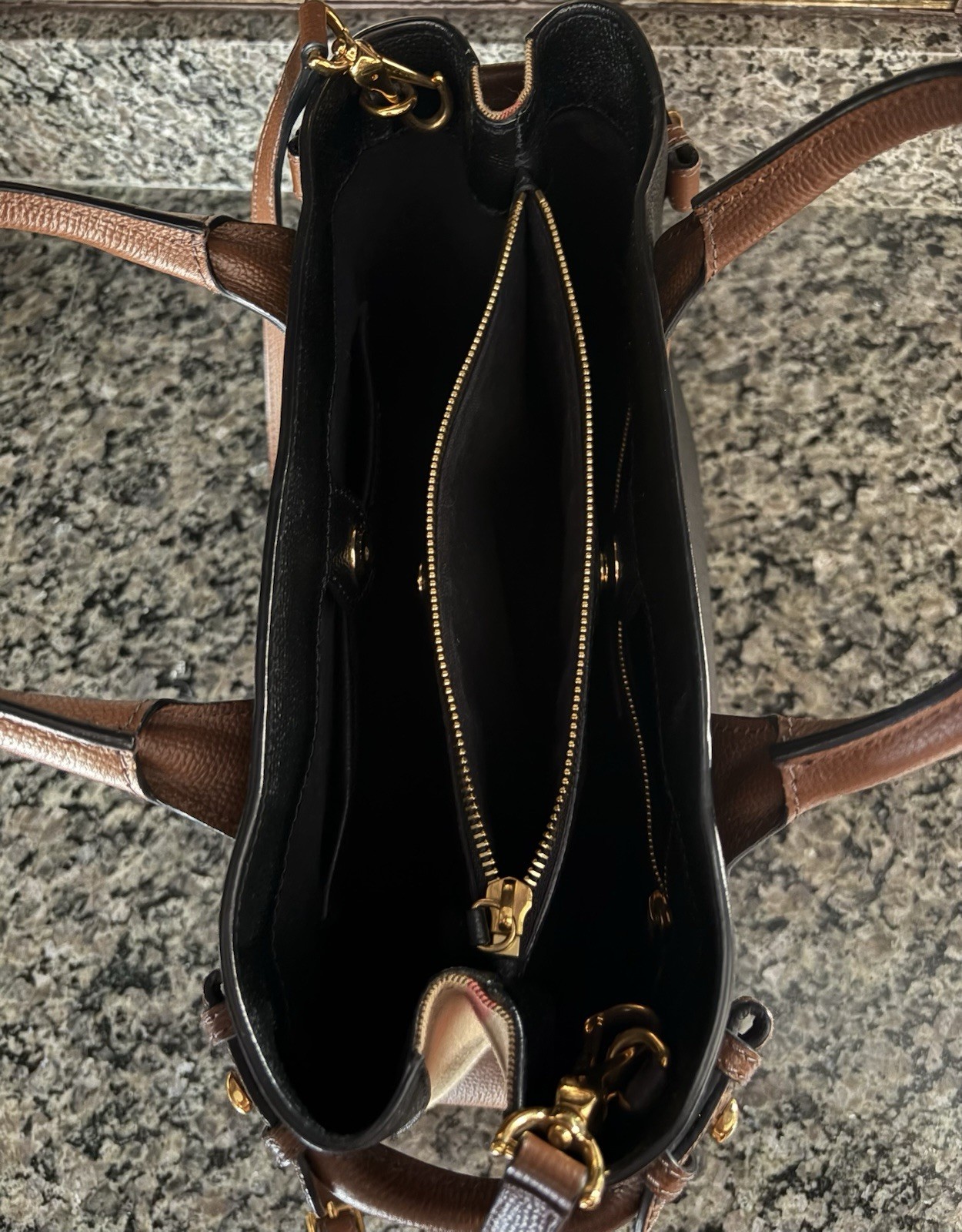 Burberry Banner Medium Satchel Top Handle Zip Detachable Strap Check Gold
