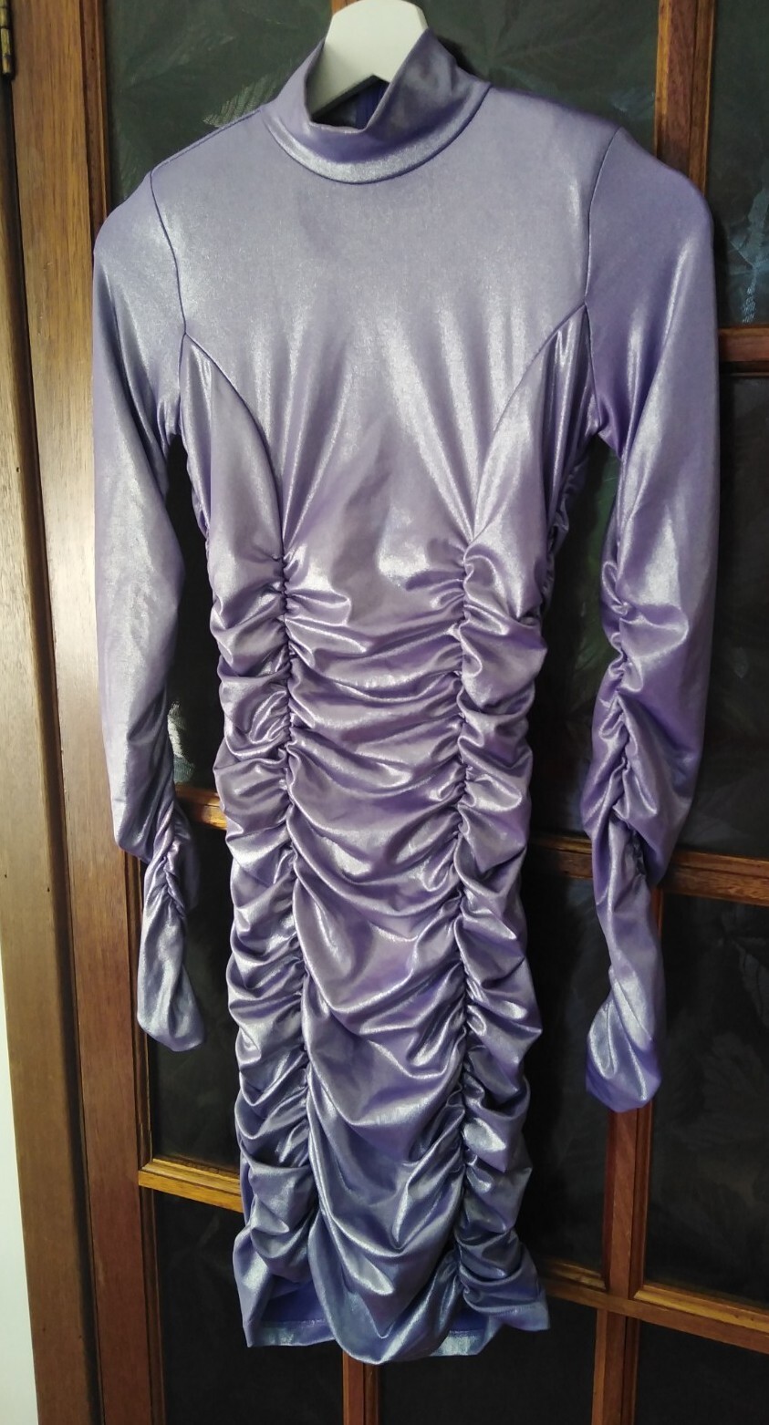 Guess Bodycon Designer Dress Ruched High Neck Womens Uk 4 Stretch Stunning Lilac
