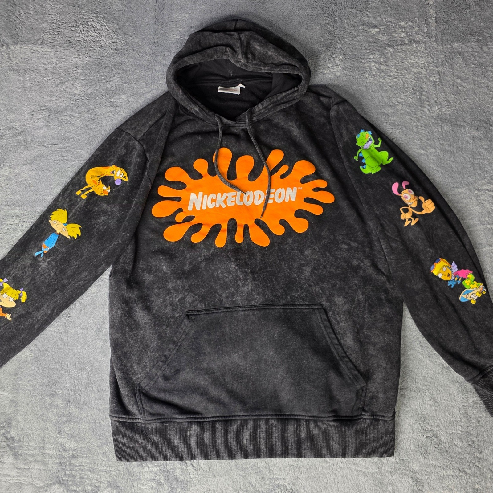 Nickelodeon Mens XL Hoodie Charcoal Acid Wash 90s Cartoon Graphic Splat Logo