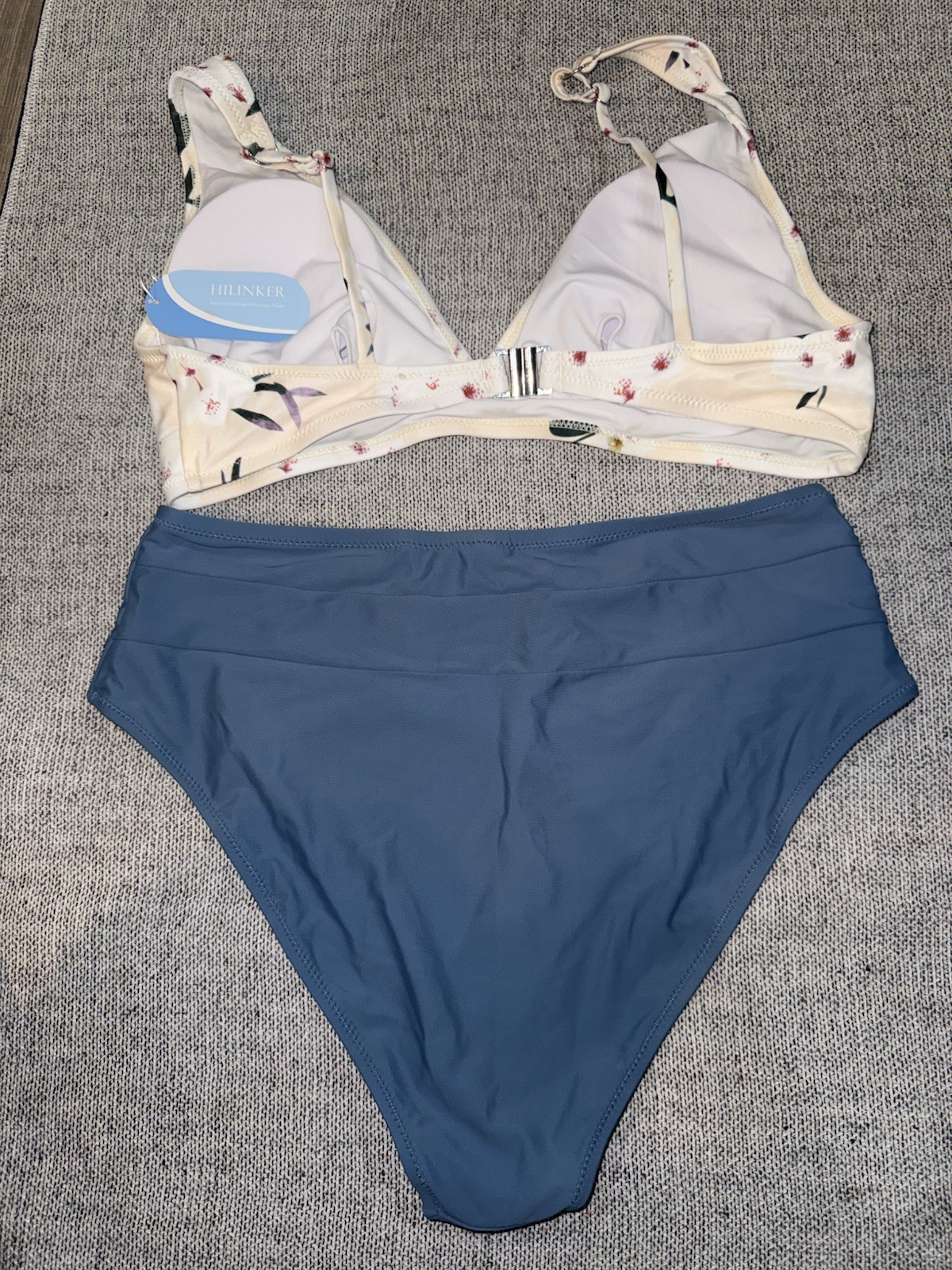HILINKER Women’s Blue/Ivory Floral 2-Piece Bikini Top High-Waist Bottoms L