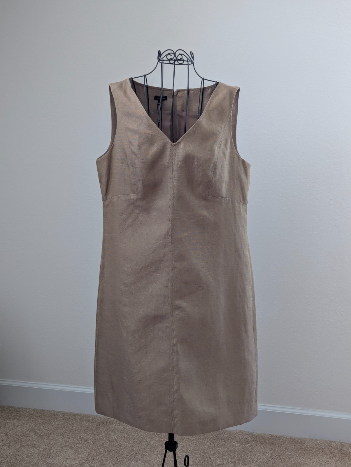 Talbots Linen Blend Sheath Dress 16 NWT Taupe Metallic Sleeveless V Neck Lined