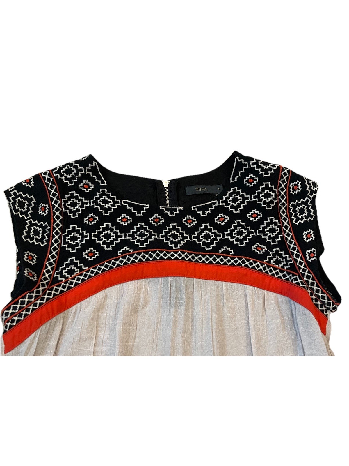 🌸THML Anthropologie Small Tan Black Orange gauze Embroiderd Cap Sleeve Top