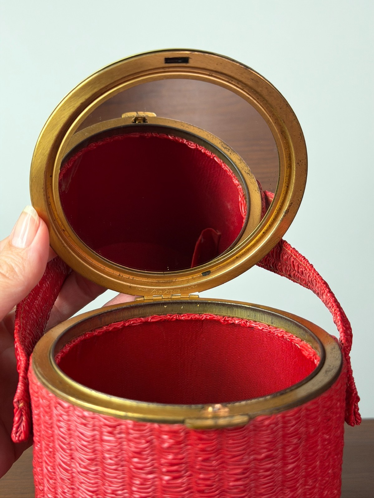 Vintage 1950s red round box purse, vinyl mirror Lin-Bren handbag cylinder small