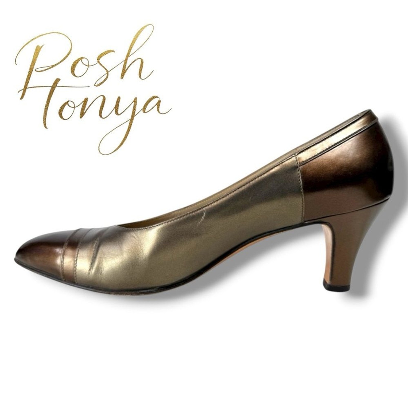 Salvatore Ferragamo Italian Leather Pumps Bronze Luxury Heels 6.5 AA Narrow