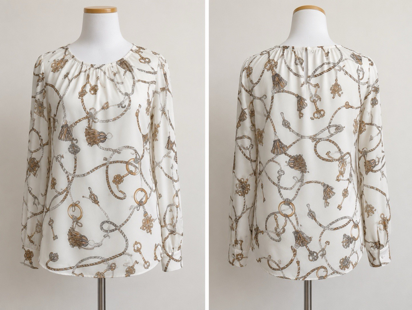 White House Black Market Women’s White Rope Key Print Round Neck Blouse XS