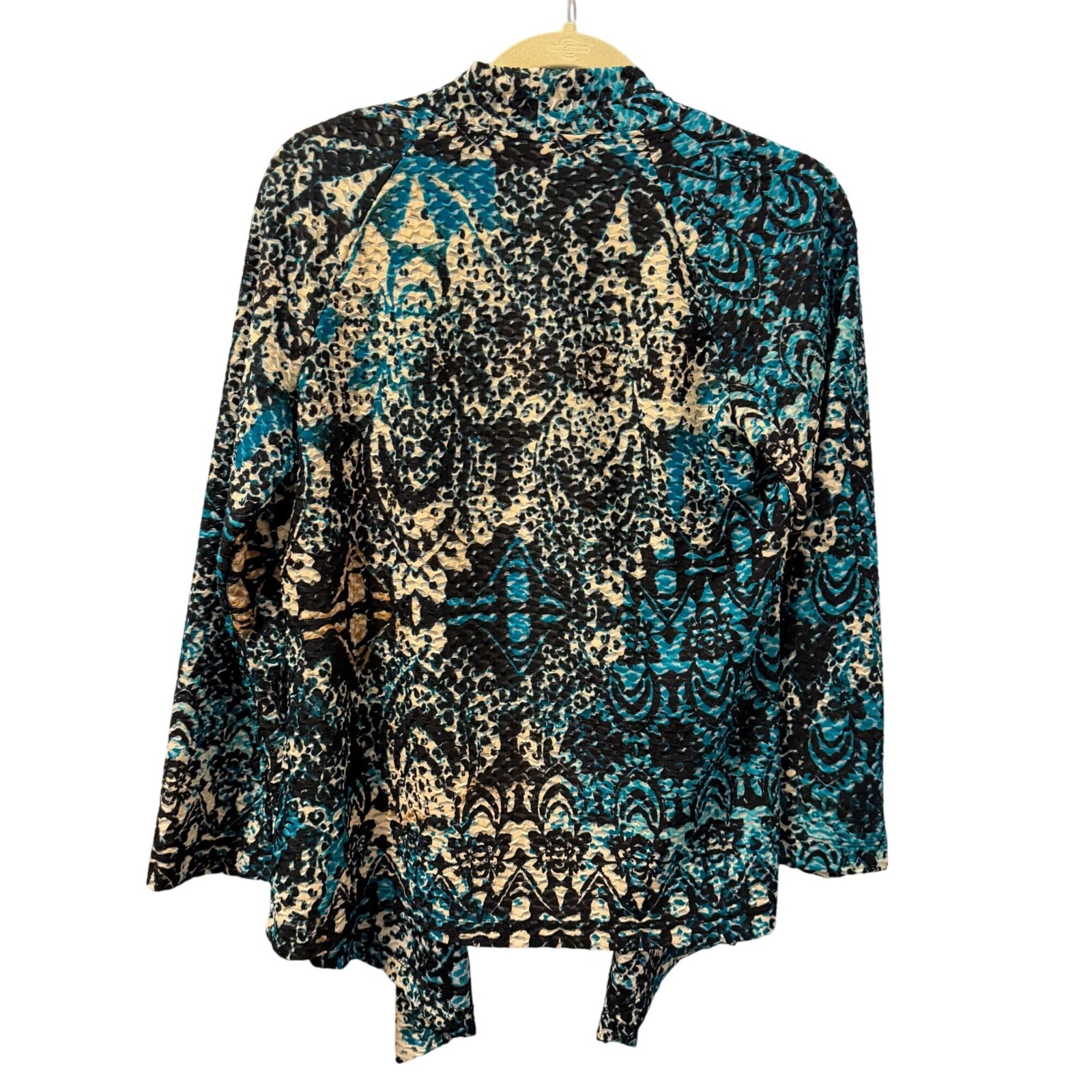 Chicos Open Front Cardigan Jacket Sz M Black Blue Beige Abstract Print