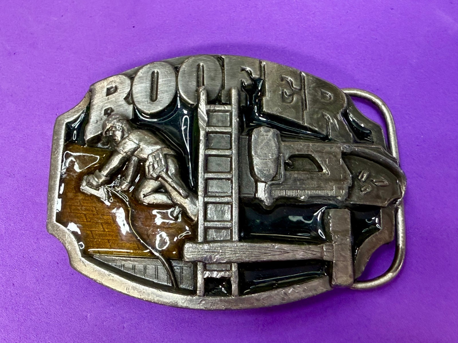 Roofer Roof Construction Worker Ladder Hammer Tools 80’s Siskiyou Belt Buckle