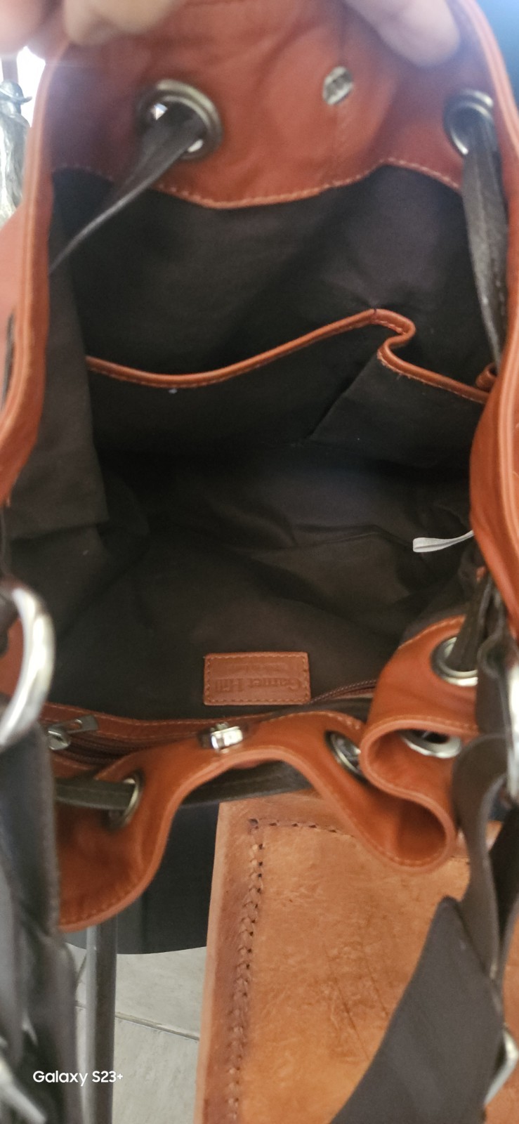 Garnet Hill Italian Leat Bucket Drawstring Shoulder Bag Silver Grommets, Pockets