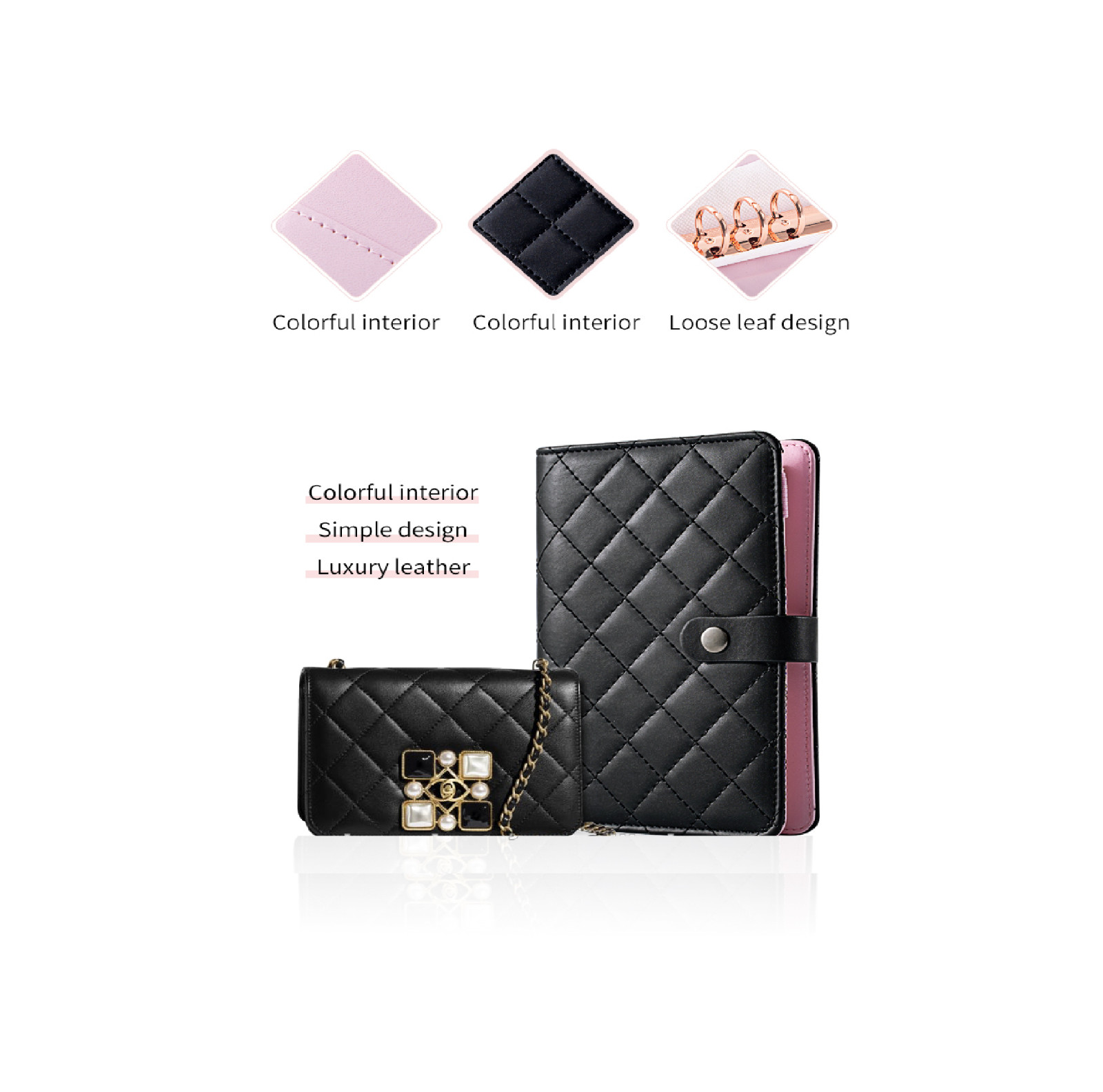 💗 Luxury Black Quilted Checkered A6 A5 Agenda Binder Planner Cash Envelope