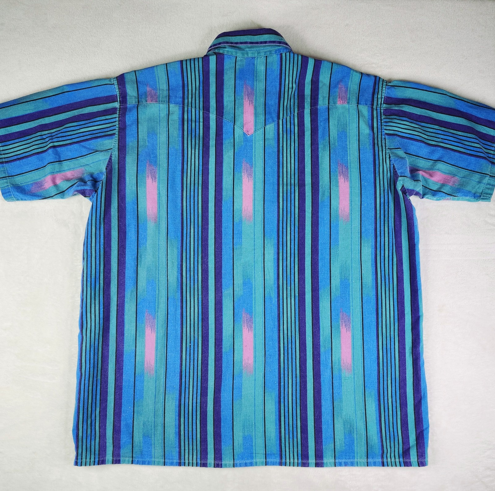 Vintage PLAINSMAN Western Striped Button Up Shirt Mens 90s Blue Short Sleeve