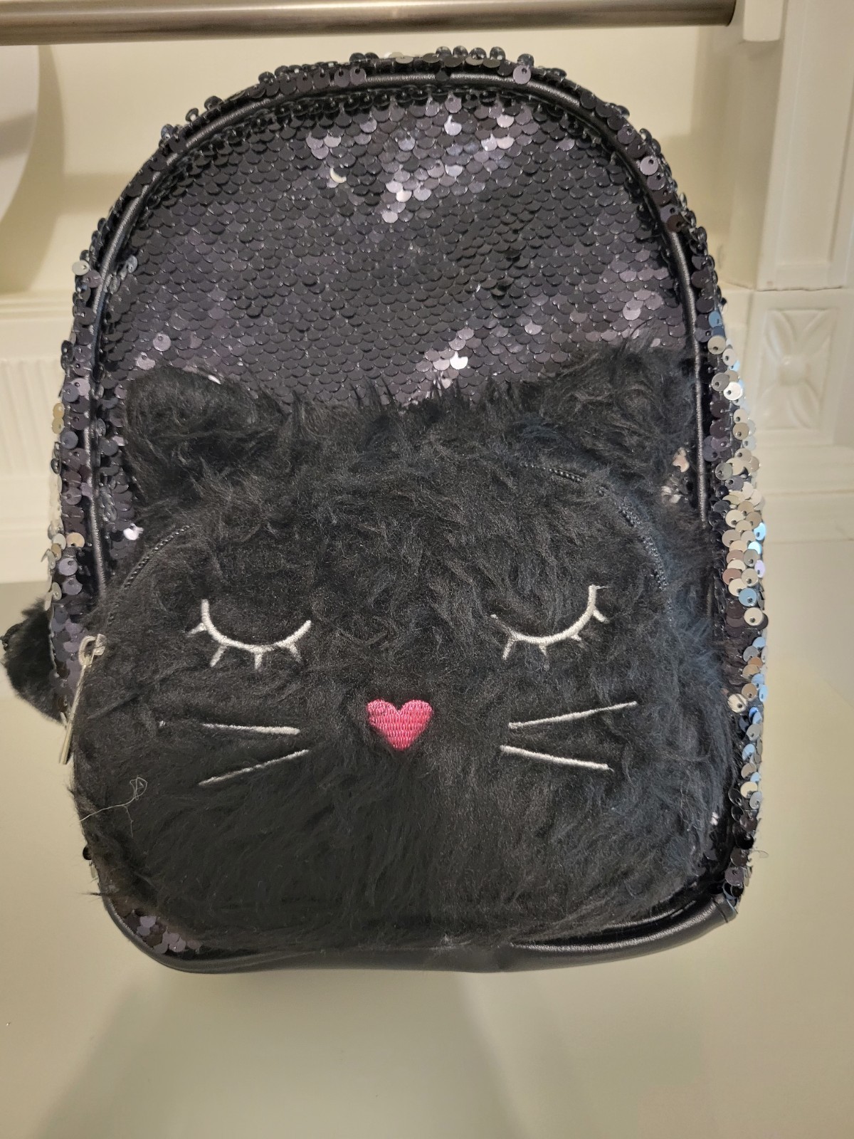 Girls Mini Cat Backpack Black Sequin Faux Fur Zip Closure Adjustable Strap