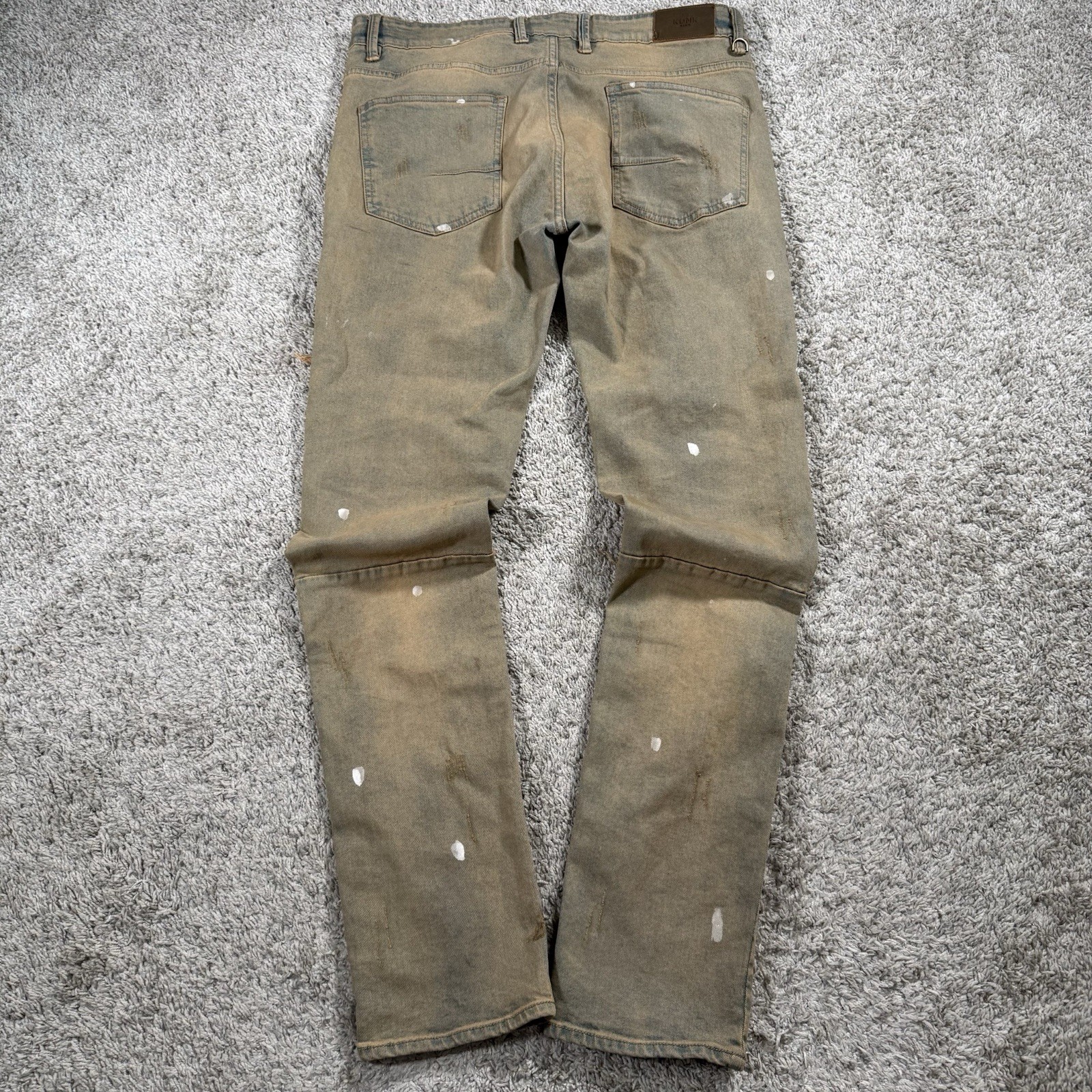 KDNK Jeans Mens Size 34×32 Blue Tan Paint Splatter Distressed Slim Denim Pants