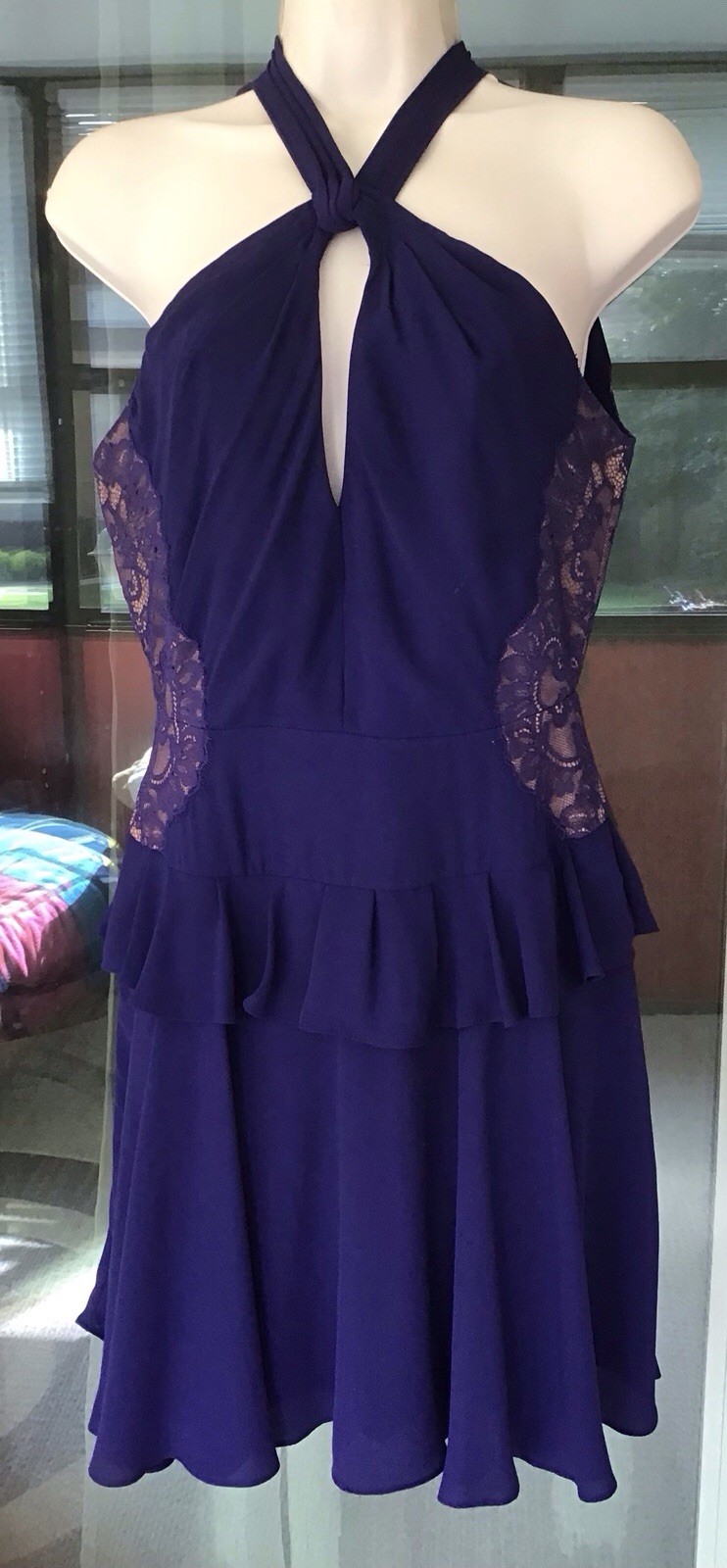 BCBGMAXAZRIA BLUE CRISS-CROSS COLLAR WITH SIDE LACE PANEL RUFFLED DRESS SIZE-4