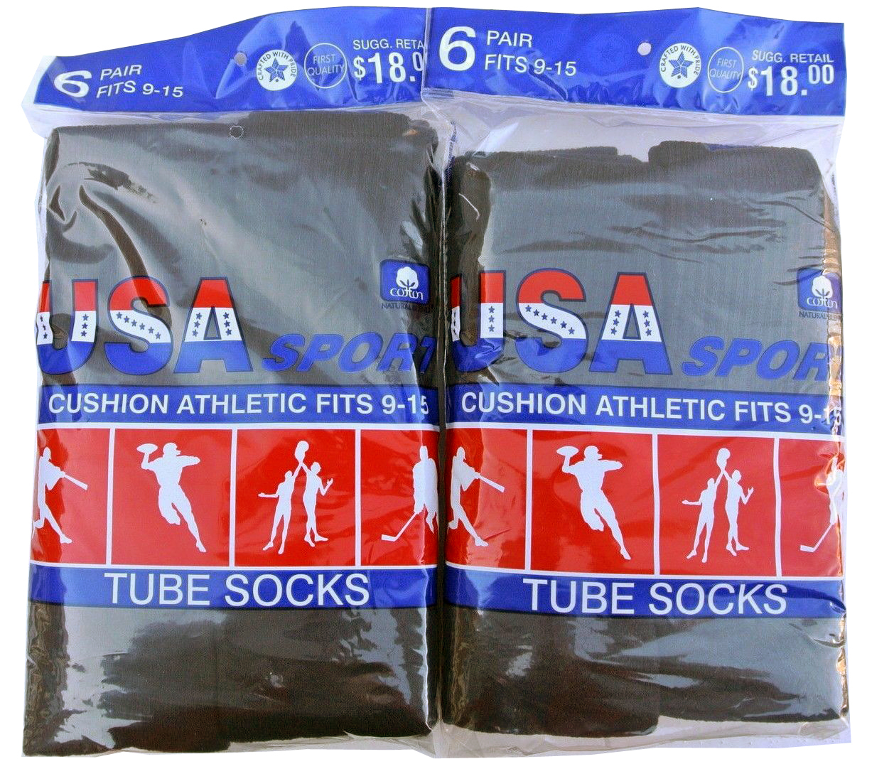 12 Pairs Men’s Cotton Athletic Sports TUBE Socks 9-15 Multi-Color Made in USA