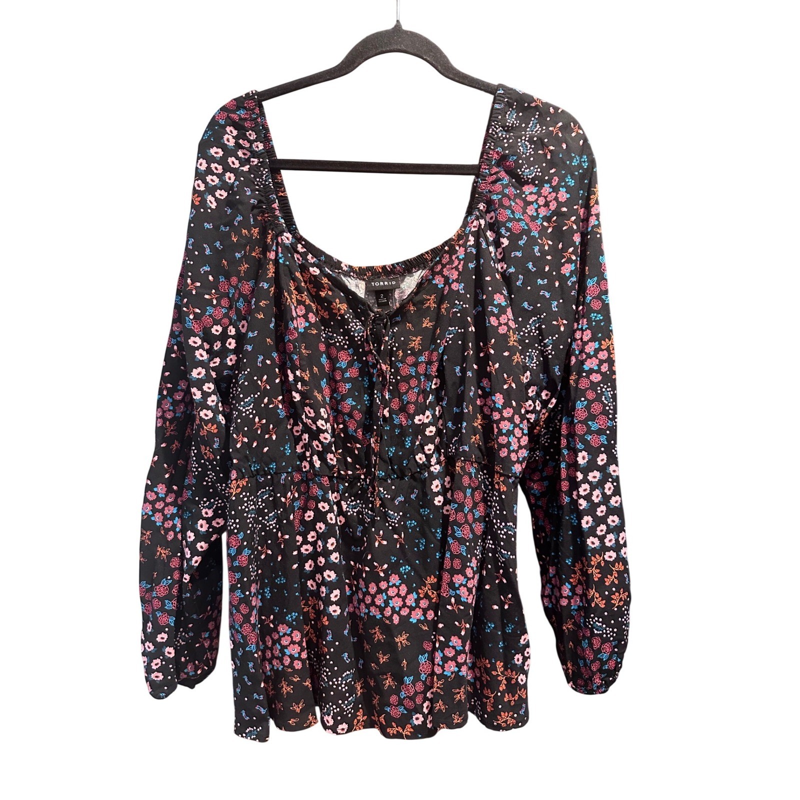 Torrid Women 2 2X Black Floral Challis Sweetheart Peplum Top Ditsy Patch Print