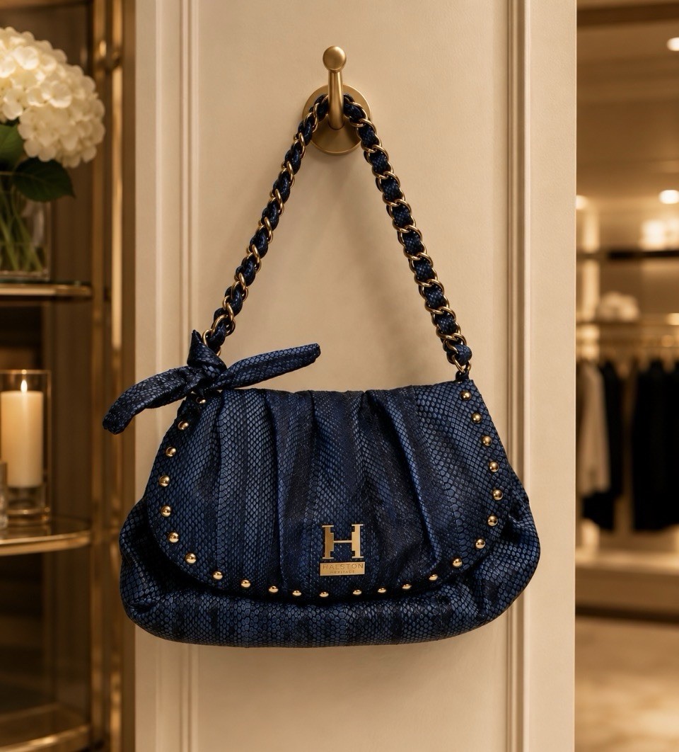NEW Halston Heritage Blue Snakeskin Embossed Leather Hobo Bag Gold Chain Strap