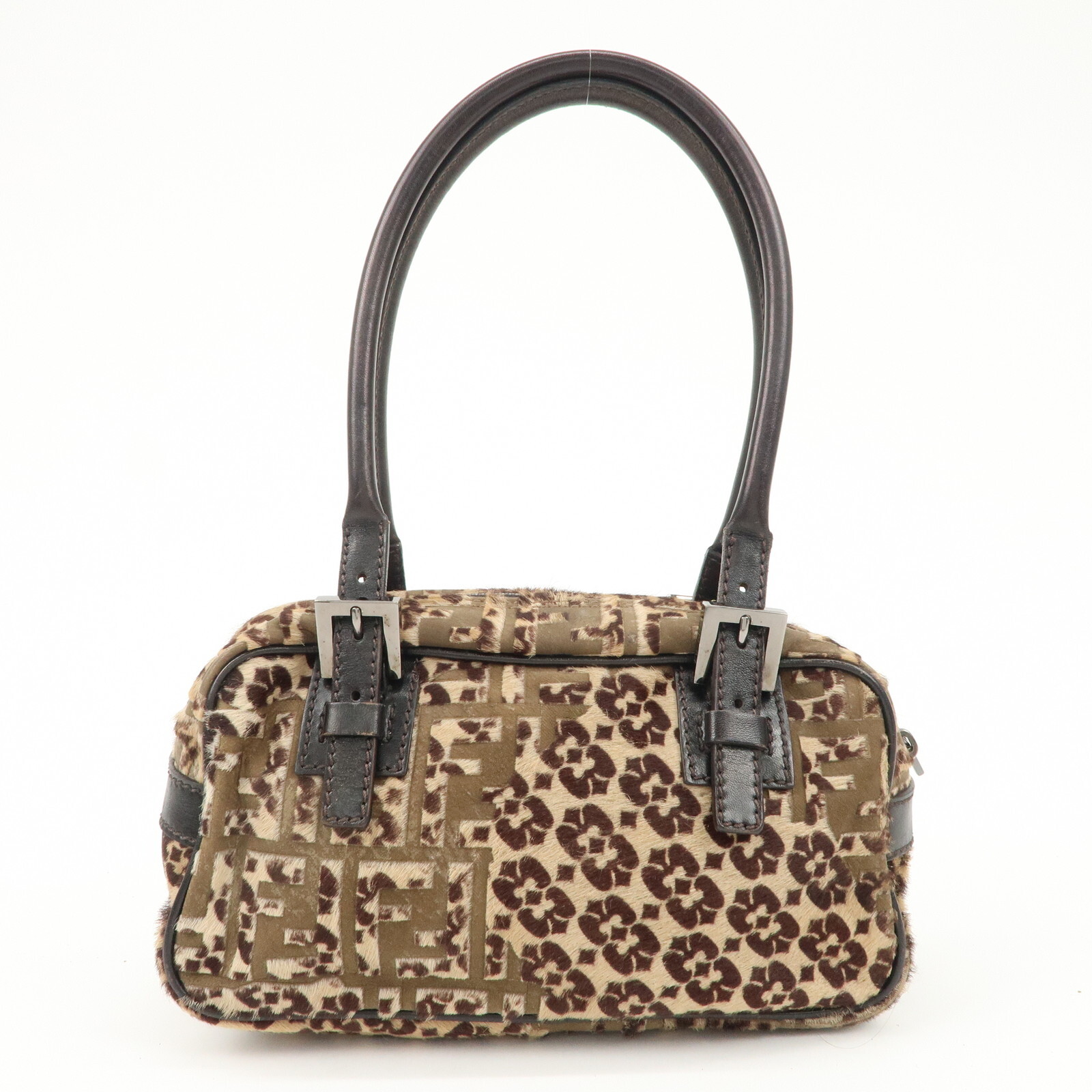 FENDI FF Mini Boston Bag Hand Bag 8BN004 Unborn Calf Leather Auth Used