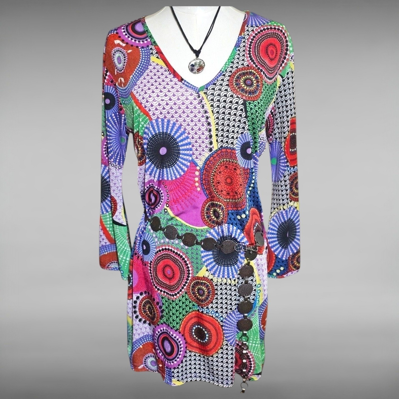 Psychedelic Retro Geometric Shift Mini Dress Long Sleeve Artsy Boho Womens M