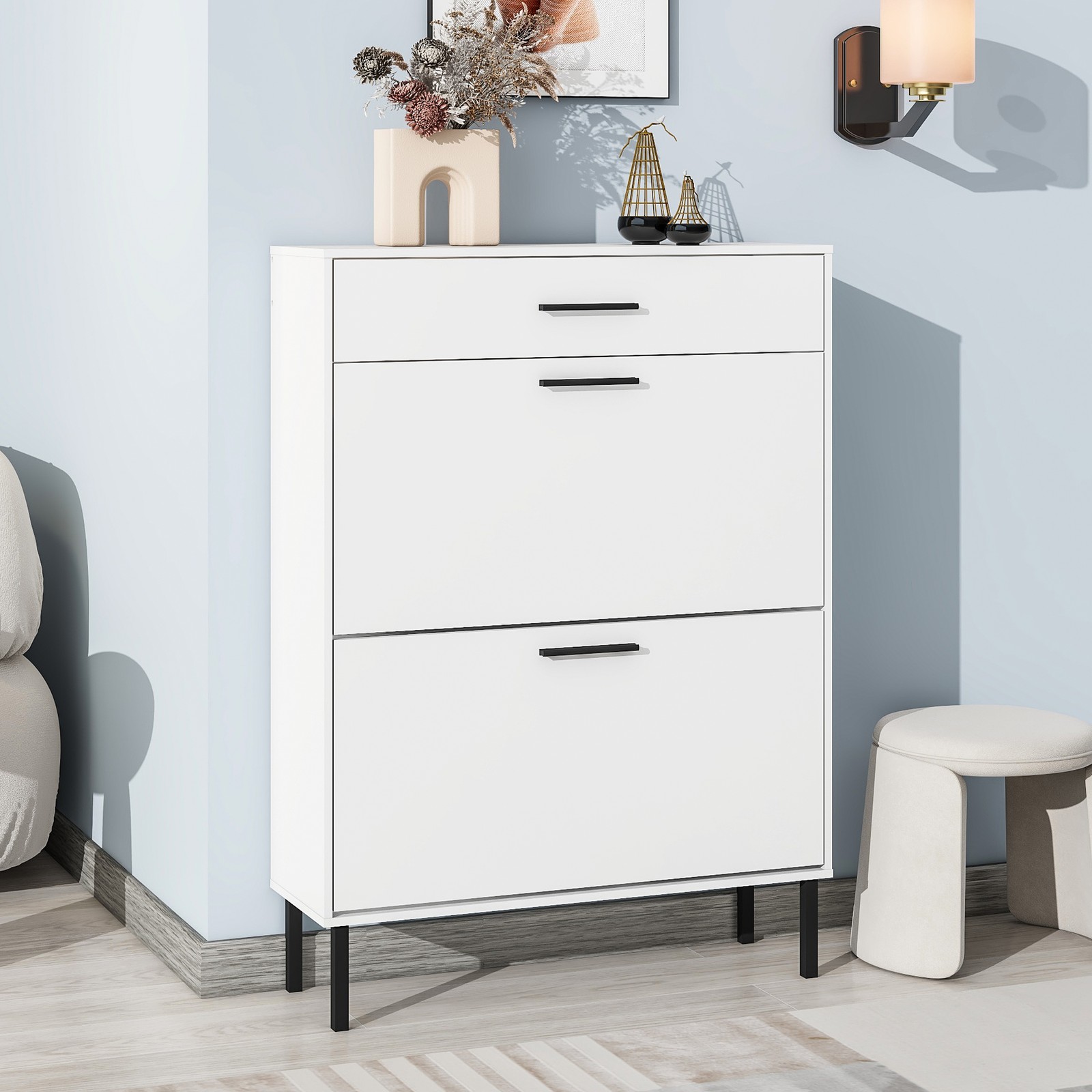 Shoe Cabinet Storage Organizer 2 Flip Drawers Entryway Rack White