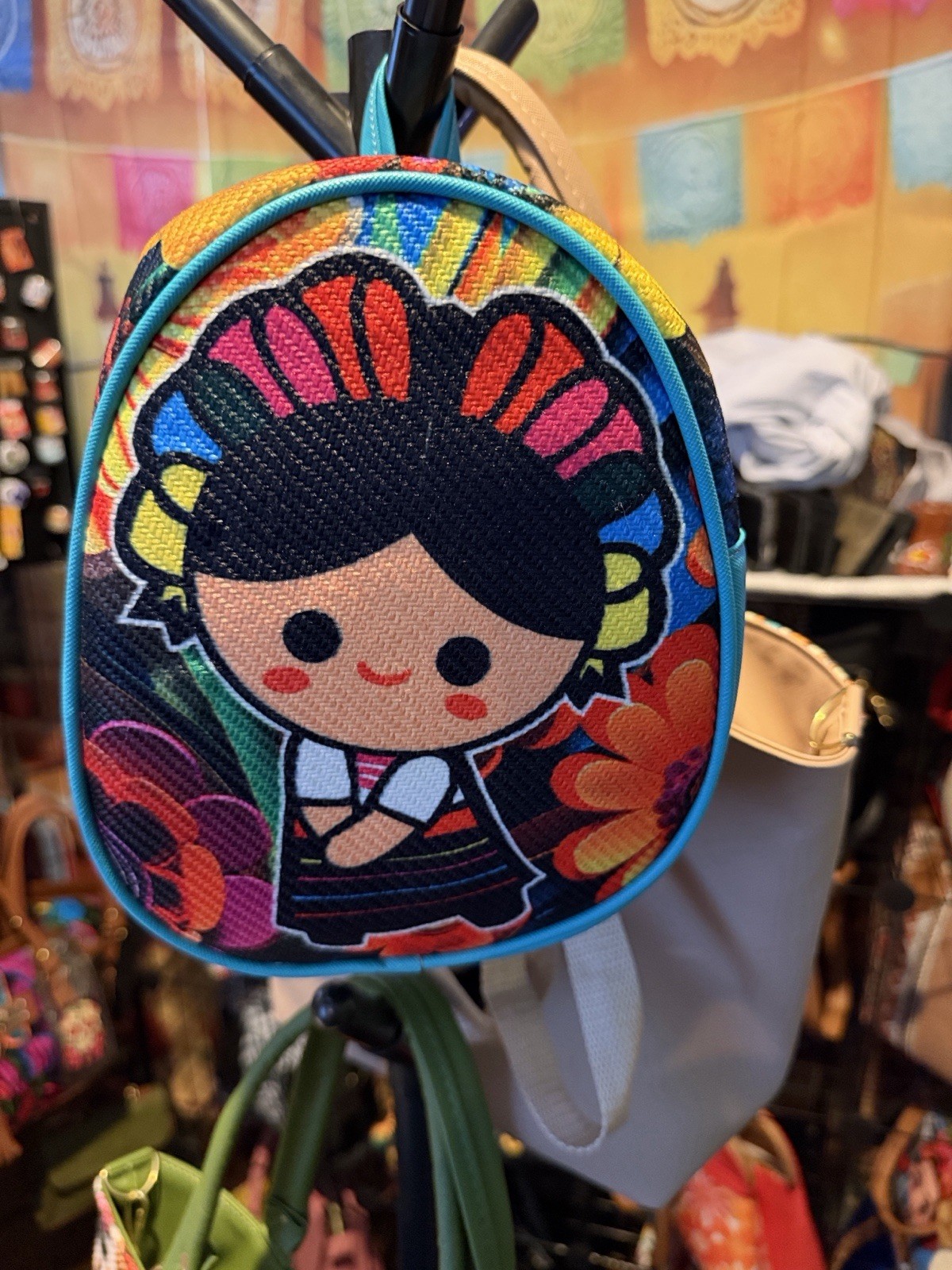 Mini Girls Frida Kahlo Floral Backpack Turquoise Multicolor Zip Top Handle